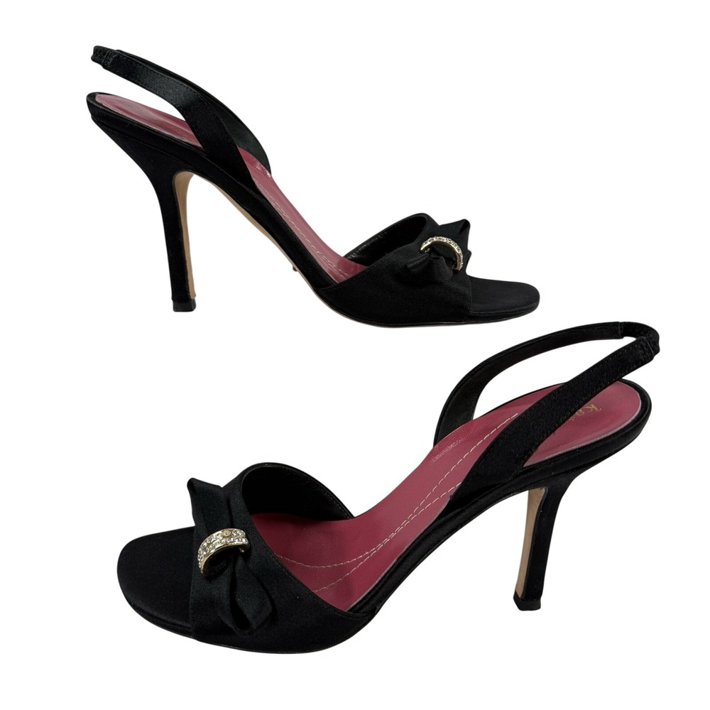 Kate Spade New York Slingback Heels Womens 7 Black Satin Rhinestone Bow Wedding